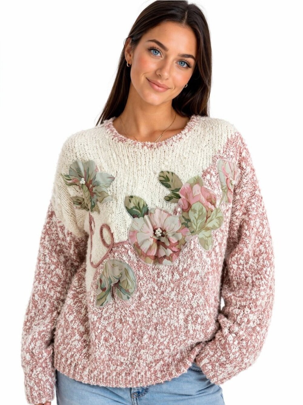 Vintage Pembrooke Pink White Sweater Floral Applique Cottagecore Korea Sz L